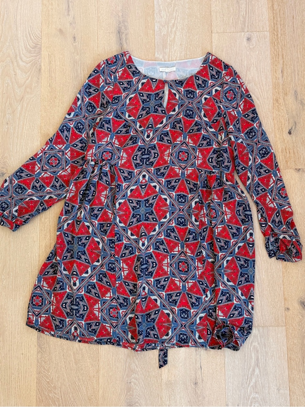 Printed Red & Navy Long Sleeve Tunic Blouse